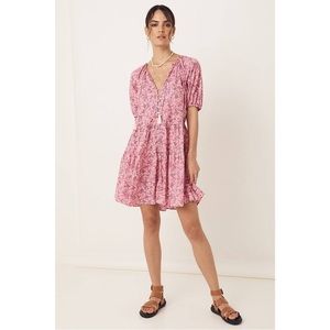Spell & the Gypsy Poppy Smock Mini Dress Floral Print Puff Sleeve Tassel - XS